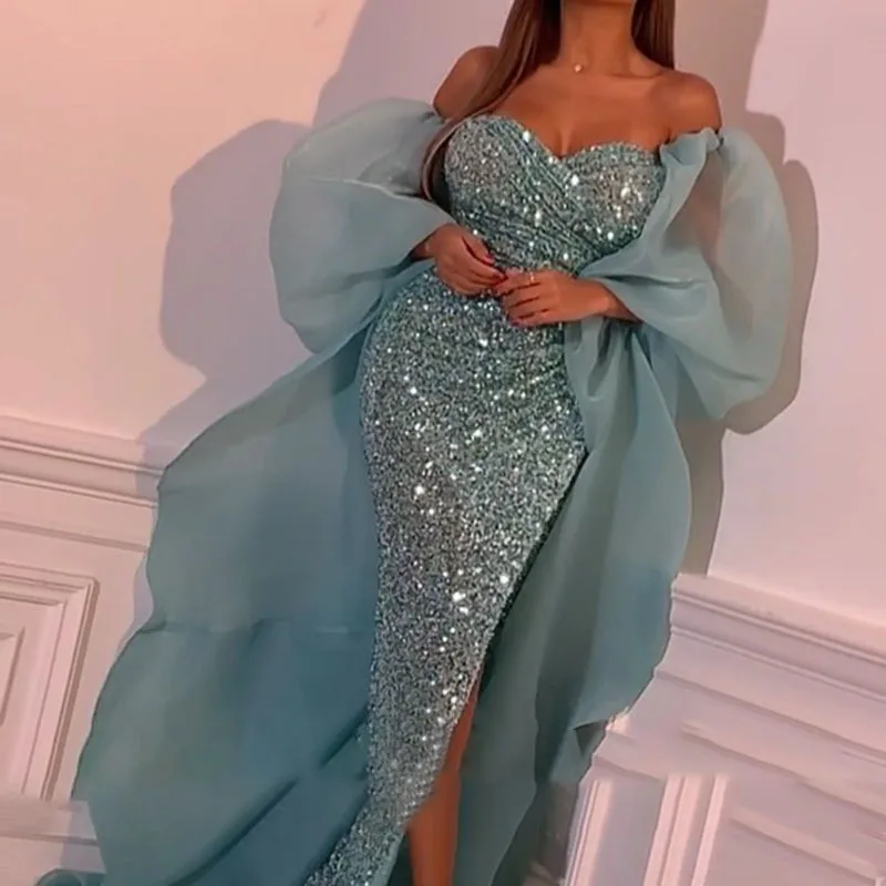 2022 New Sexy Mermaid Prom Dress Mesh Wrap Sheath Deep V Neck Long Sleeve Side Slit Evening Dresses