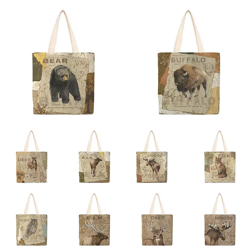 

Женская сумка-шоппер в стиле ретро с изображением медведя, волка, лисы