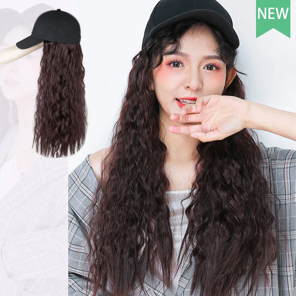 Wig with Hat Synthetic Wig Female Women's Long Wave Wigs Headband Extensions Winter Baseball Cap Fluffy Connect Adjustable Hat