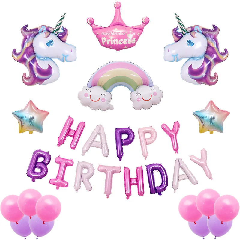 

Macaron Unicorn Girl Happy Birthday Balloon Flag Party Supplies Baby Shower Decoration Kid Faovr Large Helium Foil Balloons Set