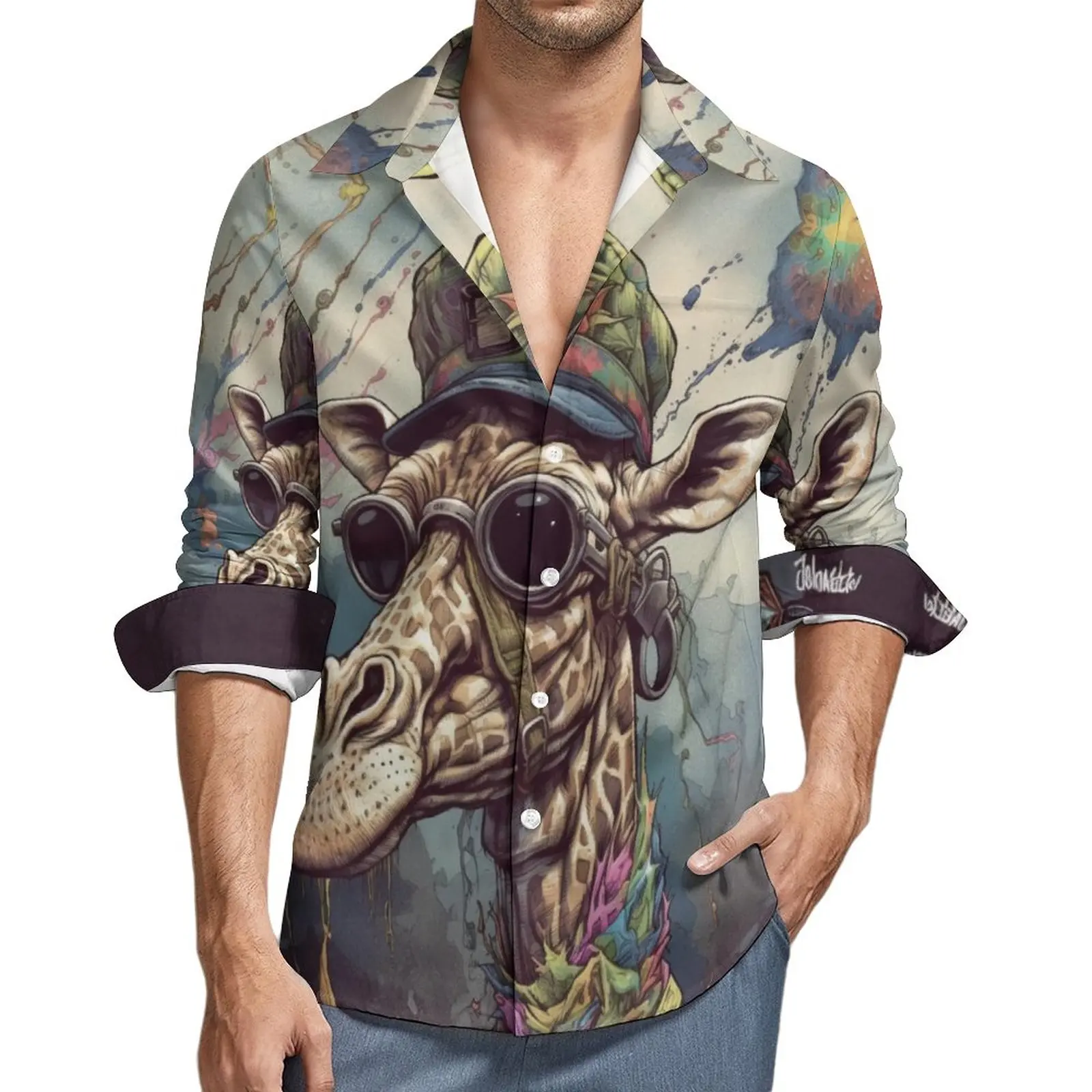 

Giraffe Aesthetic Casual Shirt Man Pop Caricatures Illustration Shirt Autumn Fashion Blouses Long Sleeve Custom Oversize Top