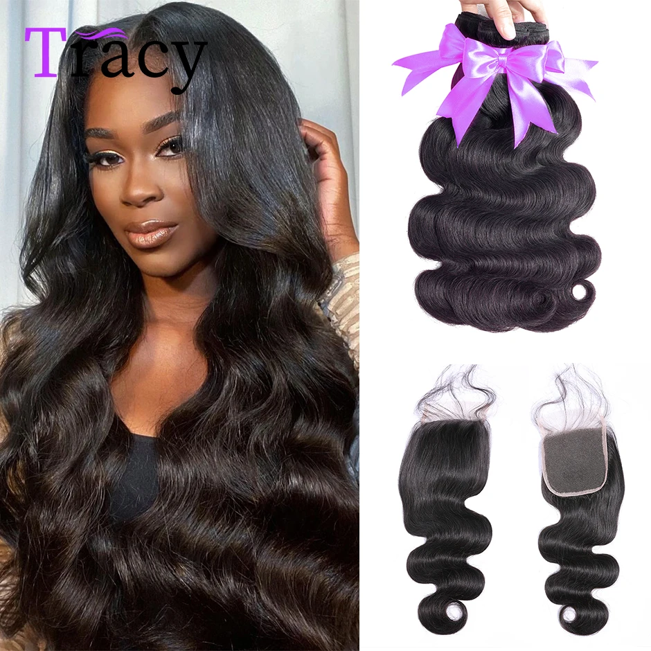 

TRACY HAIR Body Wave 3 Bundles With 4*4 Lace Closure Remy Brazilian Human Hair Extension Natural Black Color Body Wave Wefts