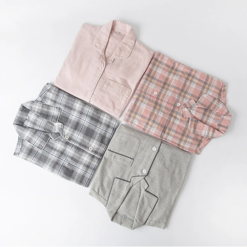 Pajamas Women Spring and Autumn Couple Pure Cotton Herringbone Pattern Good-quality Two-piece Loungewear  with Turn-over Collar