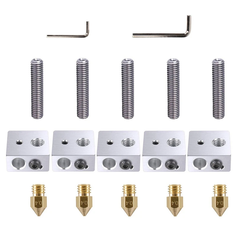 

5 Pcs 30MM Length Extruder 1.75MM Throat Tube and 5Pcs 0.4MM Brass Extruder Nozzle and 5Pcs Heater Blocks Hotend