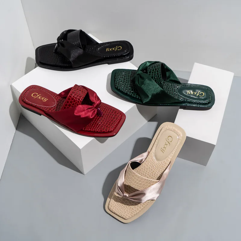 

2022 NEW Summer Women's Slippers Silk Bow Outdoor Slippers Flat Open Toe Casual Sandals Comfortable Green Shoes