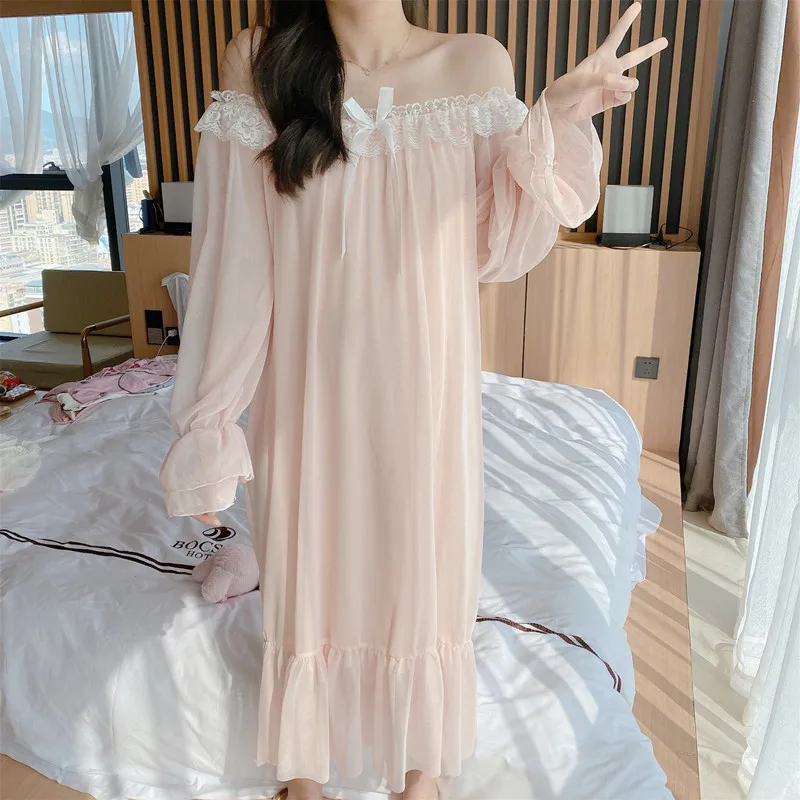 Lace Sexy Luxury Homewear COTTON Sleepshirts Slash neck Women Long White Nighties Homewear Dress Nightgowns Sleepwear