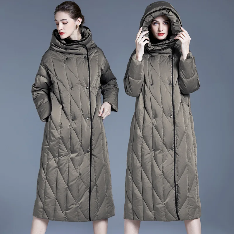 Long down jacket women's loose length over knee thickened hooded white duck down winter coat