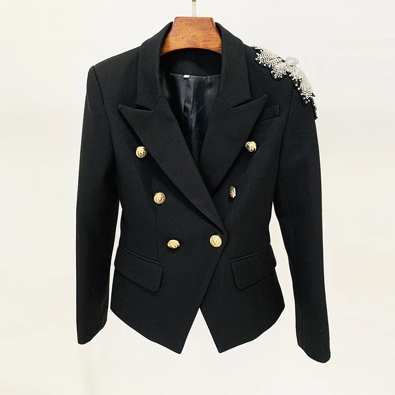 

Fashion Designer High Quality Slim Fit Blazer Women's Beading Collar Double Breasted Lion Buttons Blazer Jacket Coat Lady Top
