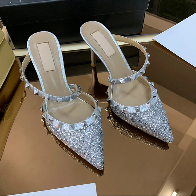 Heeled Sandals Women's Slippers Summer 2023 Real Leather Luxury Rivet High Heels Pointed Toe Ladies Shoes Elegant Casual Shoes
