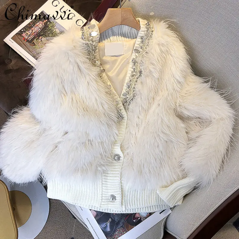 

French Diamond-Embedded Fox Fur Jacket Women Elegant Thick Imitation Fur Luxury Knit Coat Female 2022 New Winter Clothes