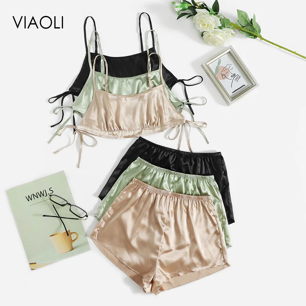 

Sexy Women Sleepwear Satin Silky Pajama Set Solid Color Pyjamas Sleeveless Cami Top and Shorts Nighty Ladies Loungewear Homewear