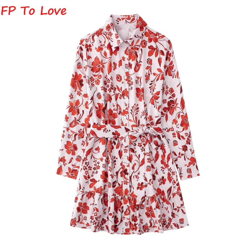 

Женское однобортное мини-платье FP To Love, летнее свободное платье с длинным рукавом, отложным воротником и шнуровкой, красного цвета