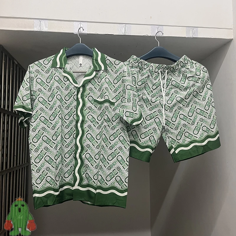 

Зеленая полосатая рубашка в стиле цилиндрической трафаретной печати, Повседневная Свободная гавайская рубашка с коротким рукавом для мужчин и женщин