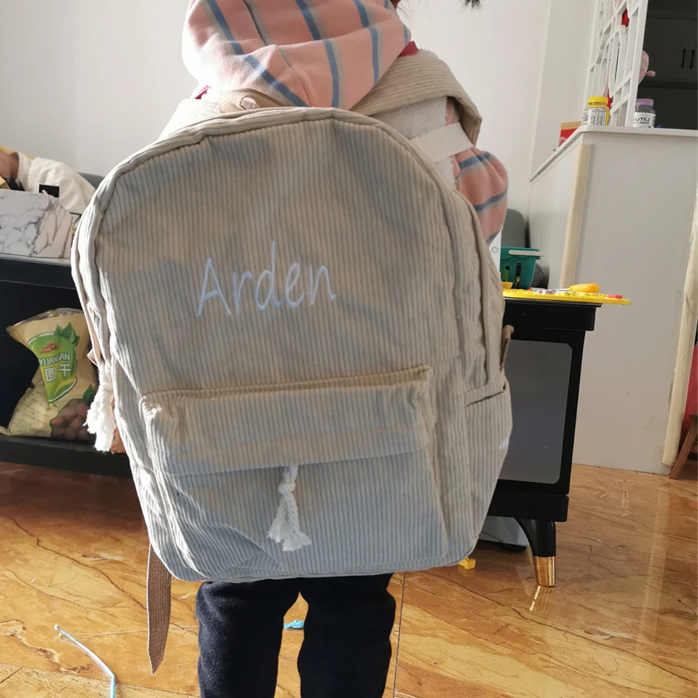 Embroidered Your Name Kids Large Backpack Corduroy High School Student Schoolbag Personalized Boys Girls Travelling Bags