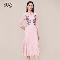 shop with very beautiful fashion pink cheongsam collar embroidery lace spring and autumn dress