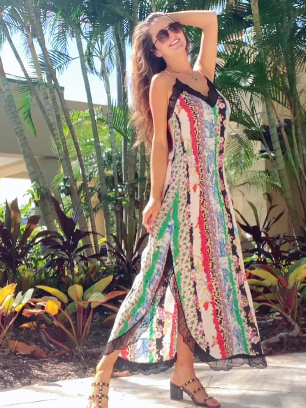 

Luxury Brand Design Silk Dress Women Summer Sexy Lace Spaghetti Strap Dresses Floral Print V-neck Ankle-length Camis Dress Robe