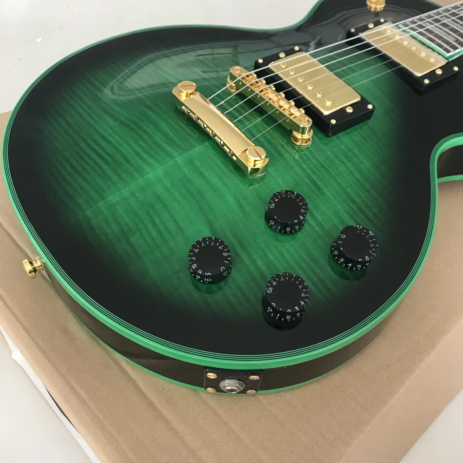 

Custom Shop, Made in China, LP Custom High Quality Electric Guitar, Green Binding, Gold Hardware, Free Shipping