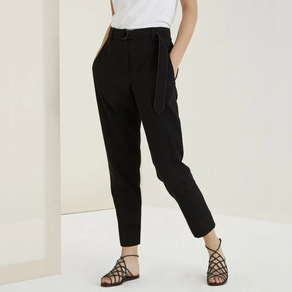 New High-waisted Casual Loose Skinny Black Wool Belt Nine-quarter Pants Female