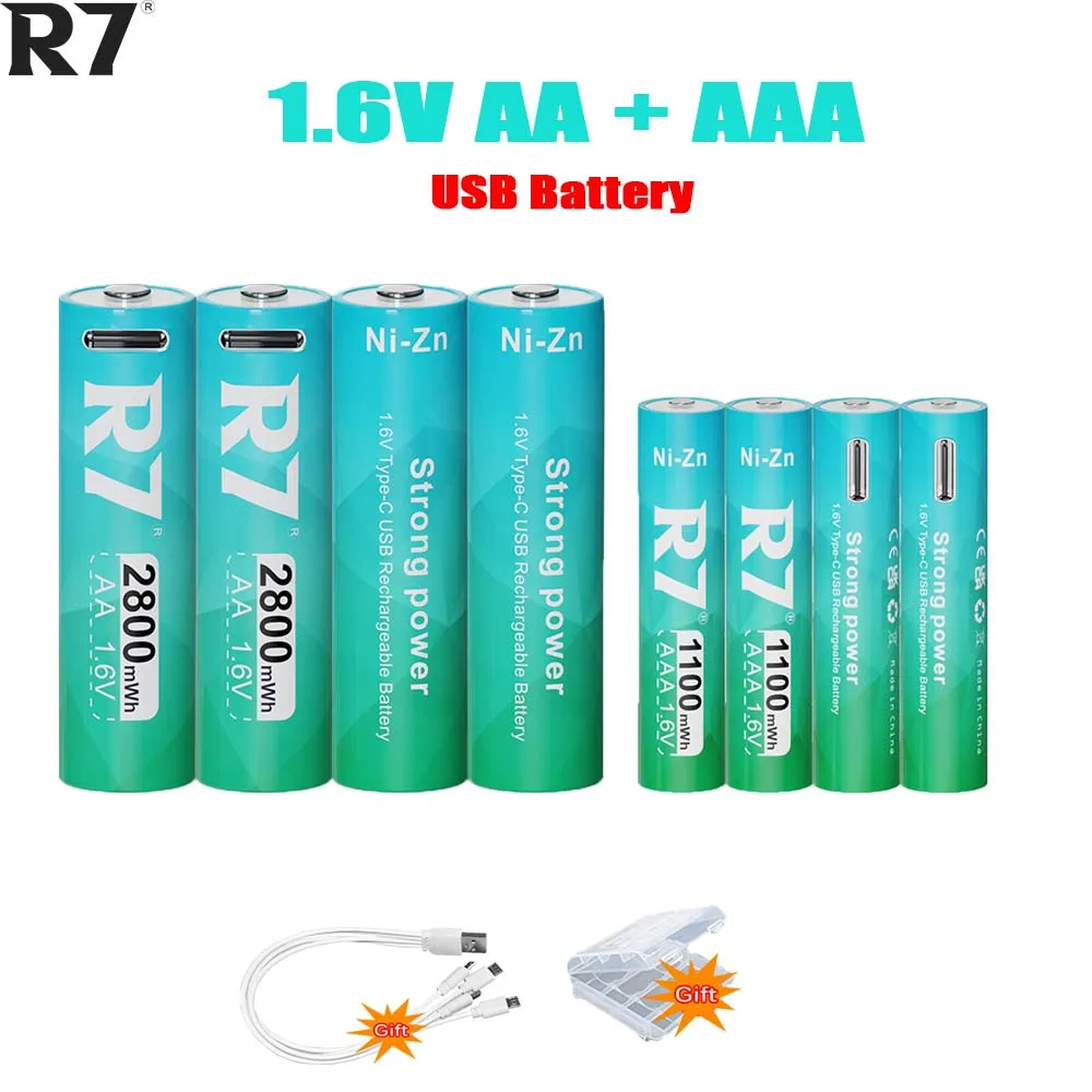 

R7 Brand 1.6V AA+AAA Ni-Zn rechargeable battery USB 1.6V NIZN AA AAA batteries 2a battery AA 2800mWh aaa 3A battery 1100mWh
