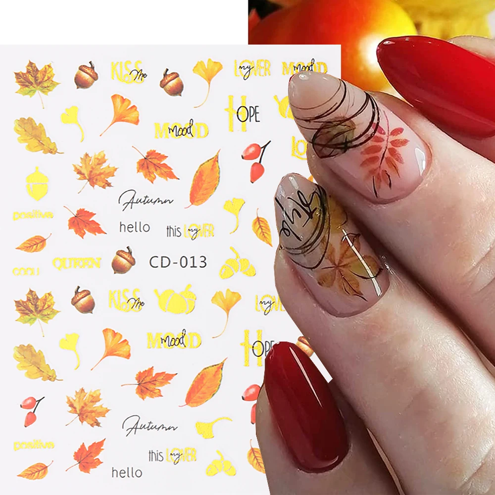 

3D Golden Maple Leaf Nail Stickers Gold Bronzing Ginkgo Acorn Letters Sliders Decals Autumn Style Manicure Decoration LEBCD-013