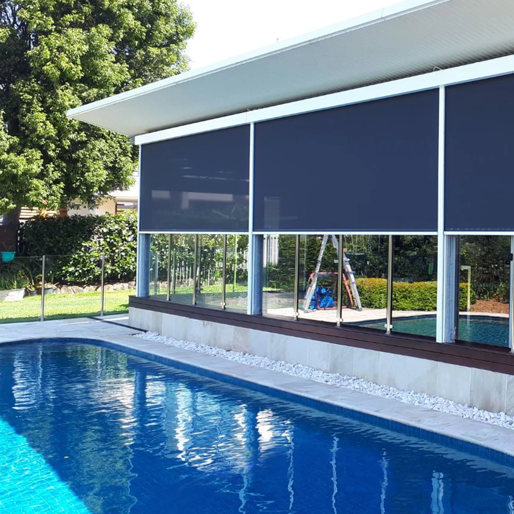 

Customized Big Size 6m Suncreen Zip Track Blinds Automated Motorised PVC Fabric WindProof Outdoor Roller Blinds for building