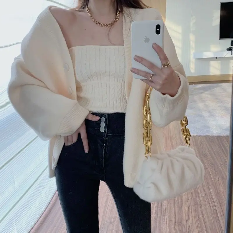Strapless Vest Twists Sweater Korean Fashion Sets Winter Clothes Women V Neck Cardigan Mujer Pull Femme Black Jacket Sueter