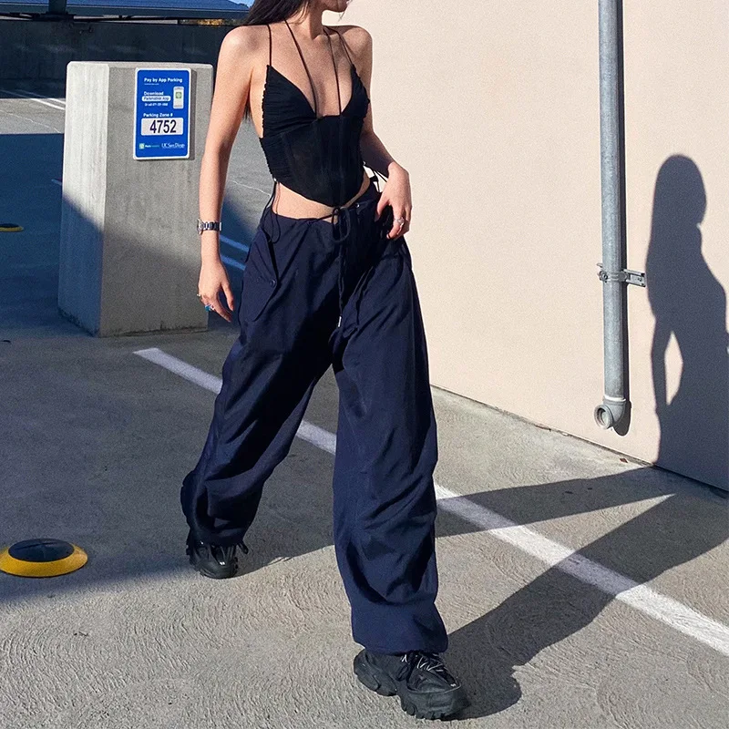 

Брюки-карго женские свободные с заниженной талией, ретро штаны с широкими штанинами, джоггеры с карманами и кулиской, спортивные штаны, улич...