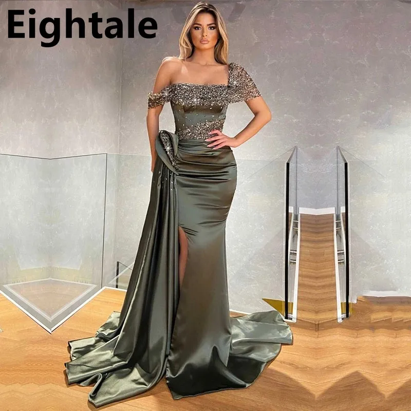 

2022 Arabic Mermaid Army Green Evening Dresses Sexy Slit Cap Sleeve Prom Dress Beaded Crystal Formal Party Gown Robes De Soiree