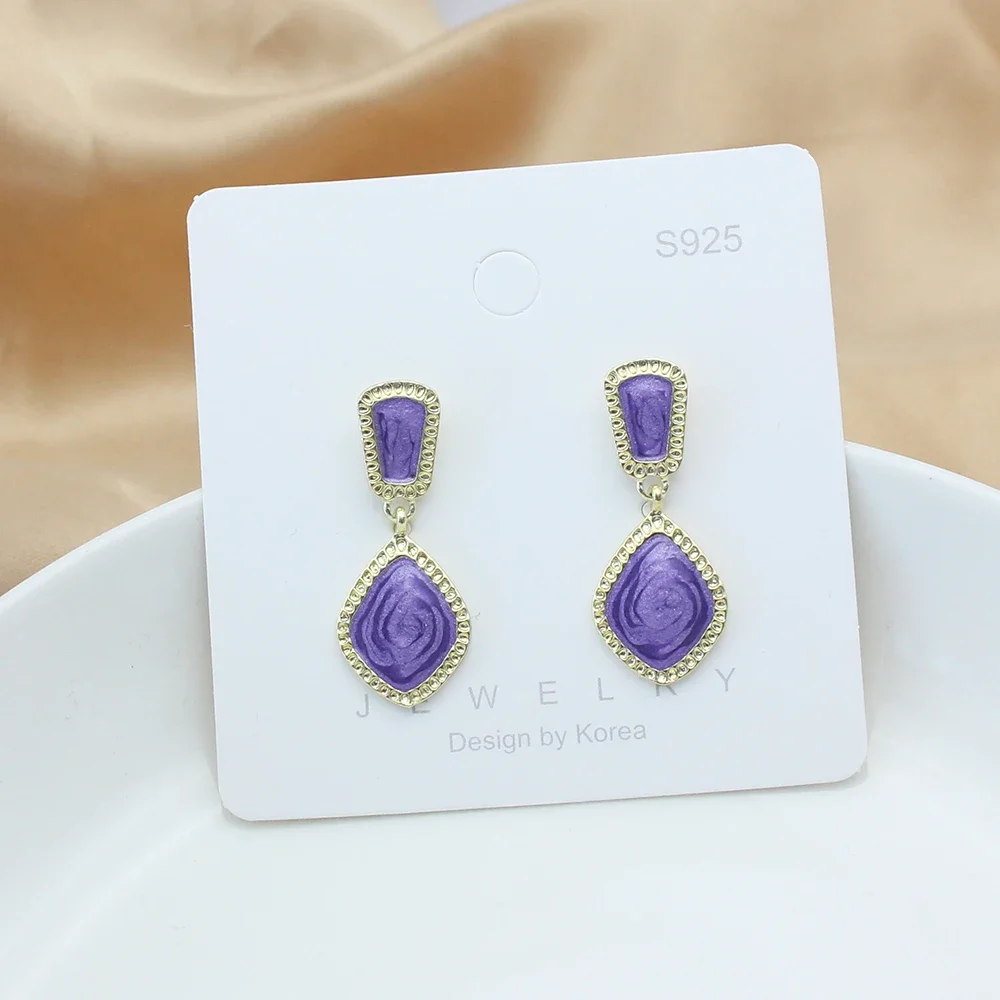 Фиолетовый цвет геометрические серьги-капли с ромбами для женщин милые