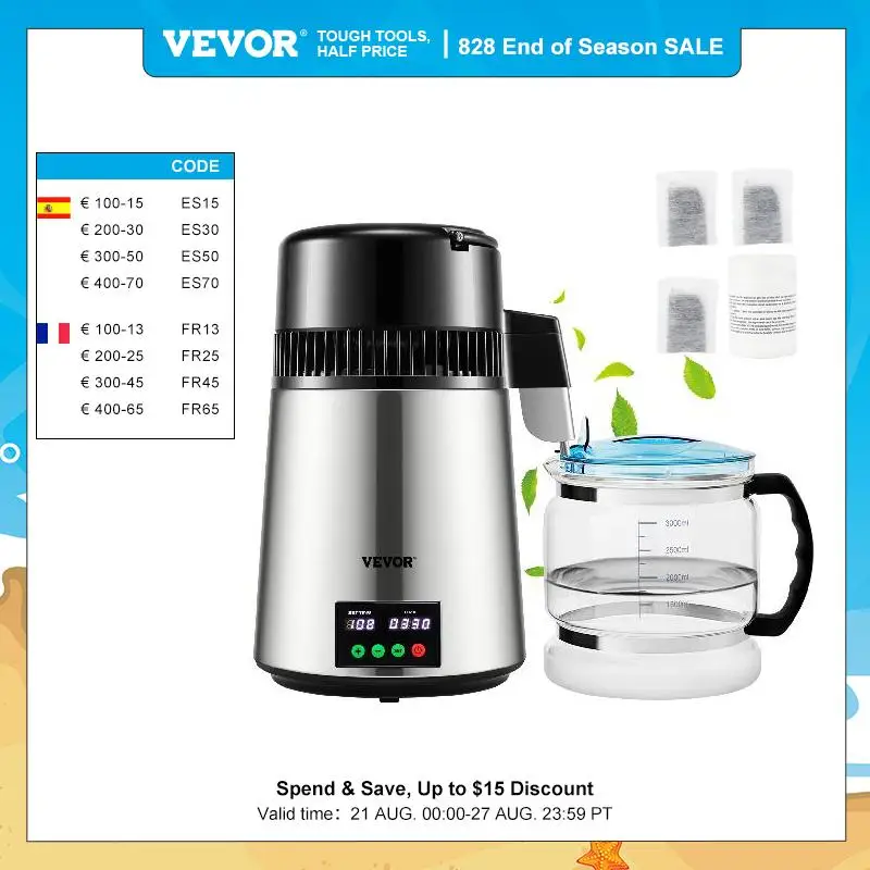 Дистиллятор VEVOR для воды 4 л, фильтр 1 л/ч, Диспенсер скорости дистилляции, смягчитель питьевой бутылки, бытовая техника с сенсорным экраном