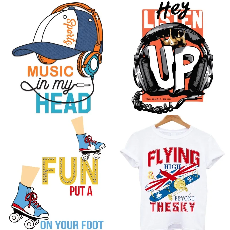

Funny Music Sports Skates Patches on Clothes Iron-on Transfers for Clothing Thermoadhesive Patches USA Airplane Stickers Patch