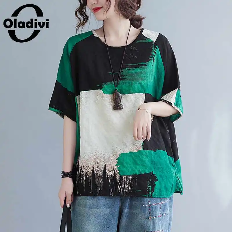 

Oladivi Oversized Women Fashion Print Cotton Linen Blouses Summer 2022 New Short Sleeve Casual Loose Top Shirts Female Blusa 6XL