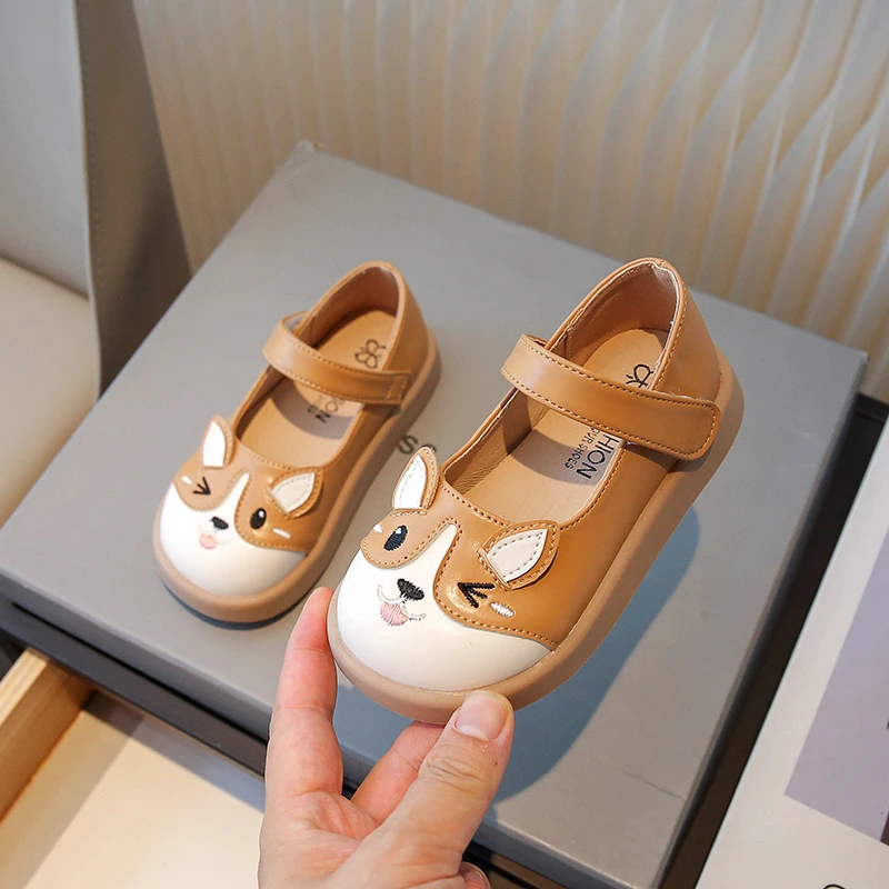

2023 New Girls Leather Shoes Dog Cartoon Cute Kids Shoes Fashion Boys Casual Shallow Loafers Non-slip Platform Non-slip Platform