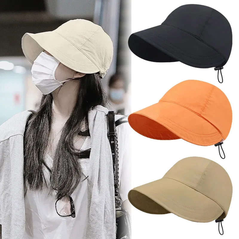 

New Solid Color Women Bucket Hat Spring Summer Adjustable Outdoor Beach Sun Hats Foldable Panama Cap Ponytail Cap Sun Protection