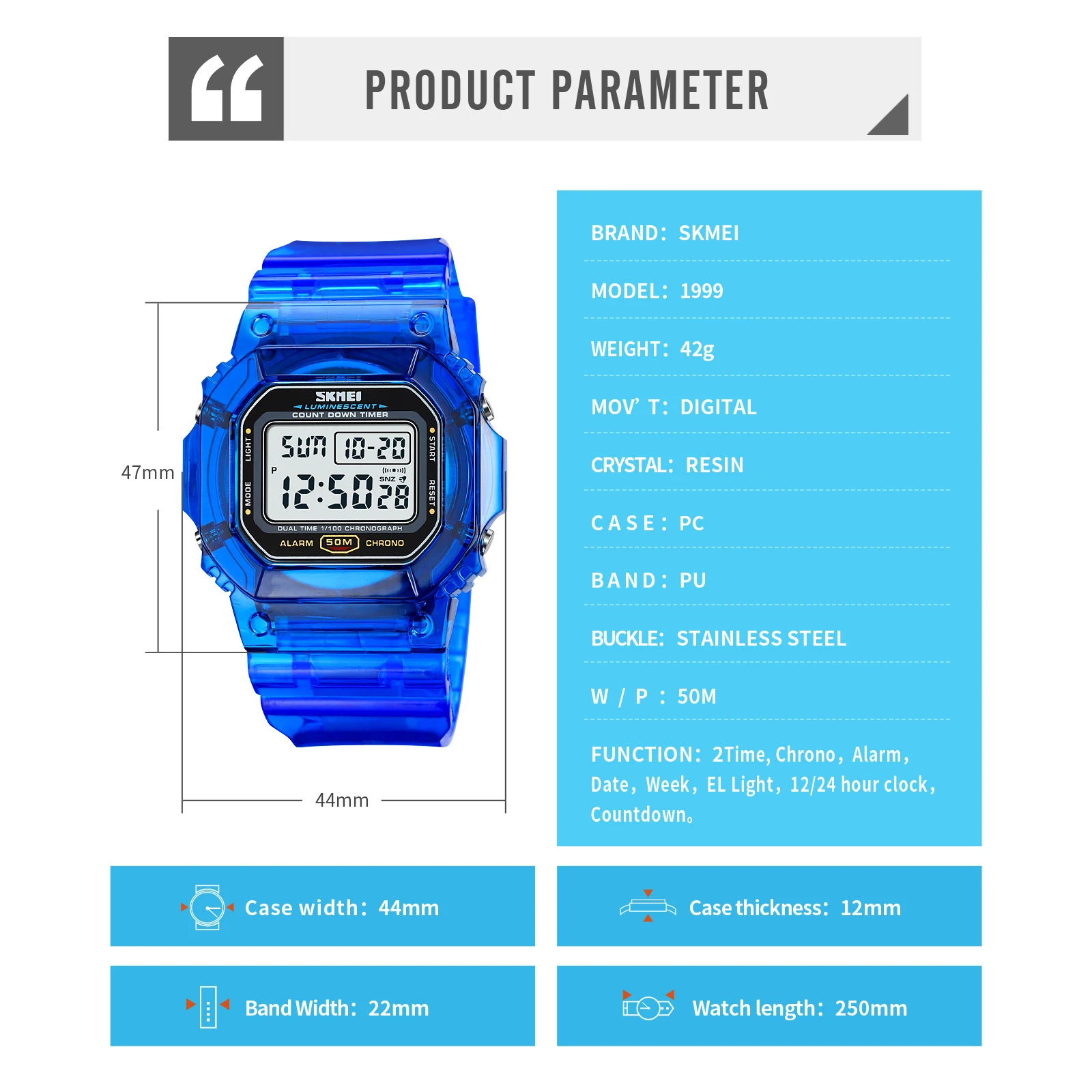 SKMEI New Multifunctional  2 Time Count Down Women Digital Watches Transparent PU Strap Lady Wristwatch Shockproof reloj mujer