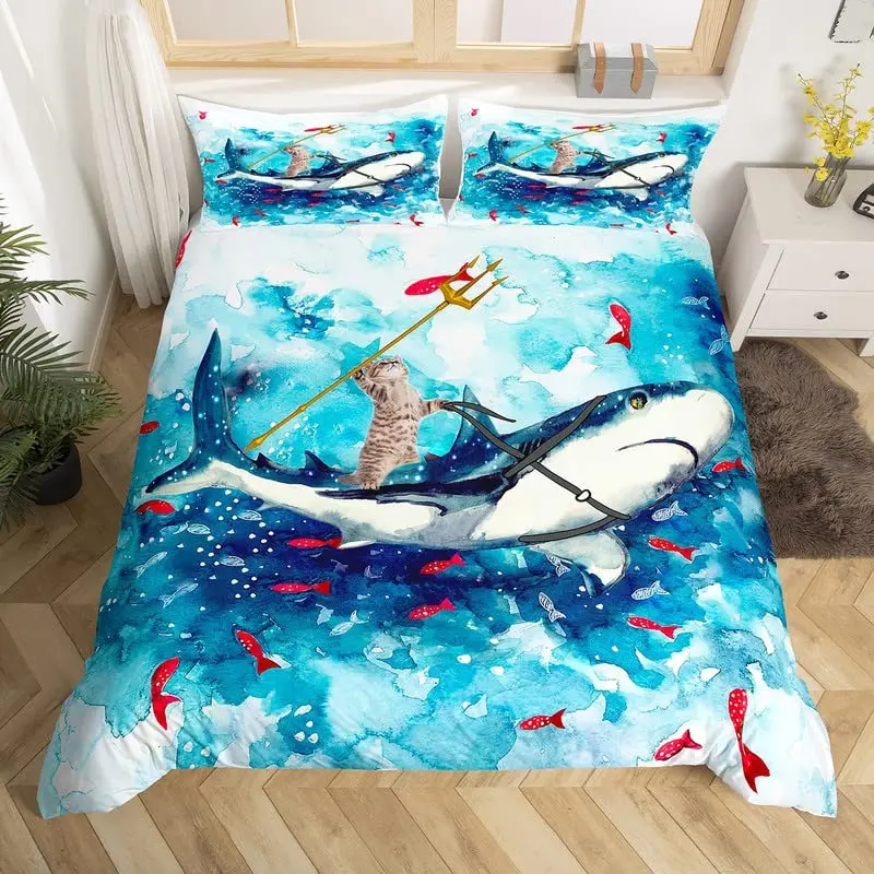 

Cat Duvet Cover Set Watercolor Whale Fishing Bedding Set Ocean Sea Wave Comforter Cover Marine Nautical Themed Bedspread Cover