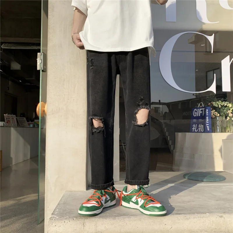 Summer Black Ripped Jeans Men Fashion Casual Straight Jeans Men Streetwear Loose Hip Hop Hole Denim Pants Mens Trousers S-3XL
