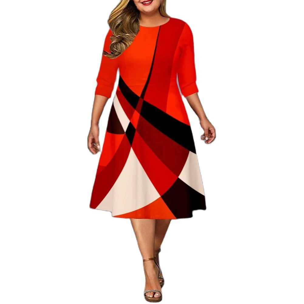 

Plus Size Women Printed Dresses Elegant Midi Half Sleeve Evening Party Dress Middle Length Printed A-Line Dress