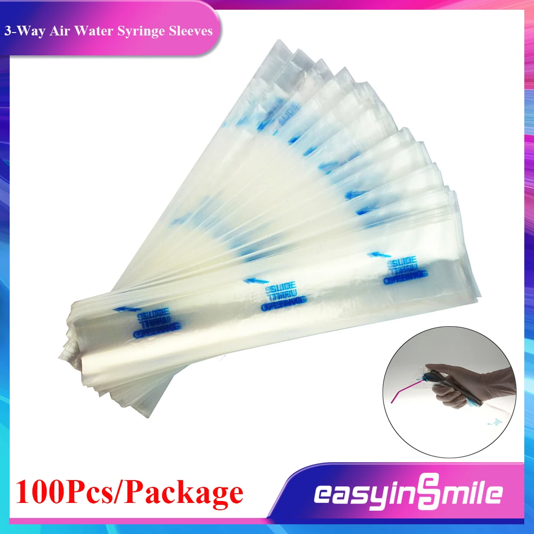 

100Pcs/Pack EASYINSMILE Dental 3-Way Air Water Syringe Sleeves Disposable Plastic Cover 6.5cm X 26cm