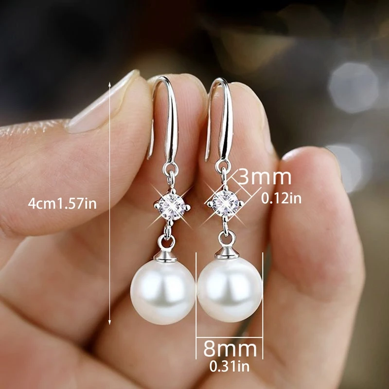 New Simple Round Imitation Peal Dangle Earrings For Women Silver Color Paved White Copper Zircon Fashion Versatile Girls Jewelry images - 6