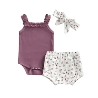 infants girl 3pcs outfit sets ruffle sling solid color ribbed knit romper floral printed shorts headband