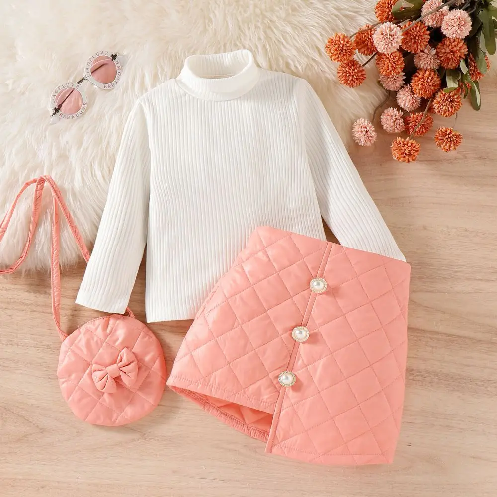 

Kids Infant Baby Girls Clothes 3Pcs Set Turtleneck Tops Shirt + Irregular Hem Skirt + Shoulder Bag 9M-5T Cotton Clothing Outfit