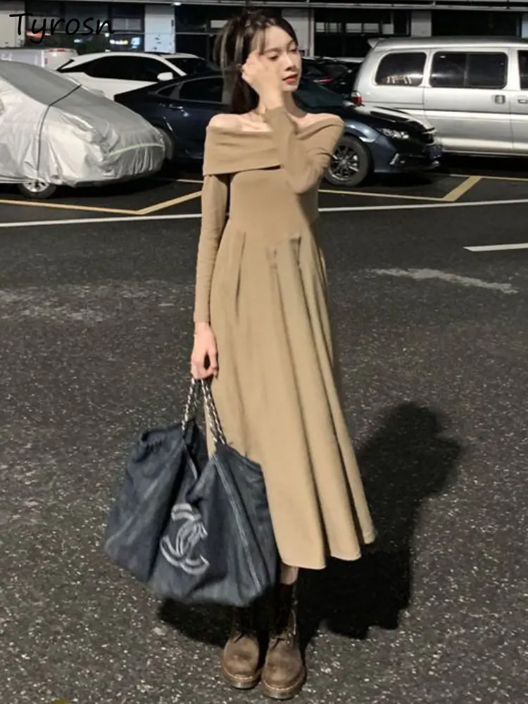 

Midi Dresses Women Minimalist Pure Sexy Slim Elegant Design Retro Folds Spring Long-sleeve Ulzzang Party Empire Vestidos Ladies