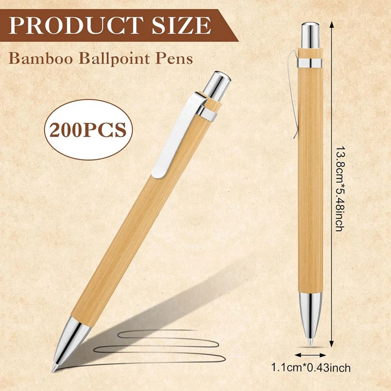 200 Pcs Bamboo Ballpoint Pens Wooden Retractable Pen Black Ink 1Mm Wood Sustainable 13.5 X 1.1Cm