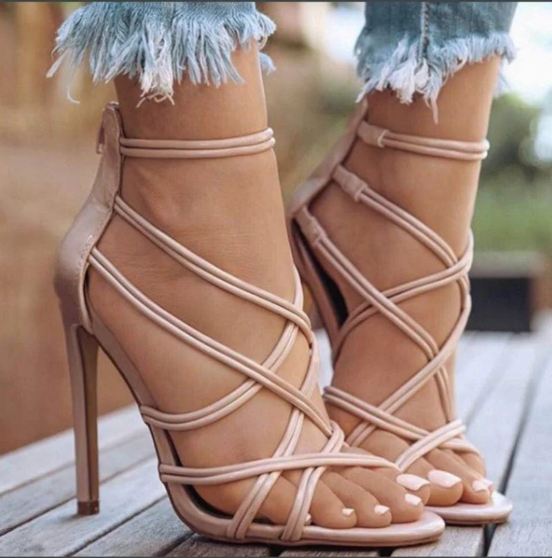 

Sexy Fashion Gladiator Woman Sandals Summer Striped Peep Toe Stiletto High Heels Shoes Sandals Black Gold Nude Large size 10.5