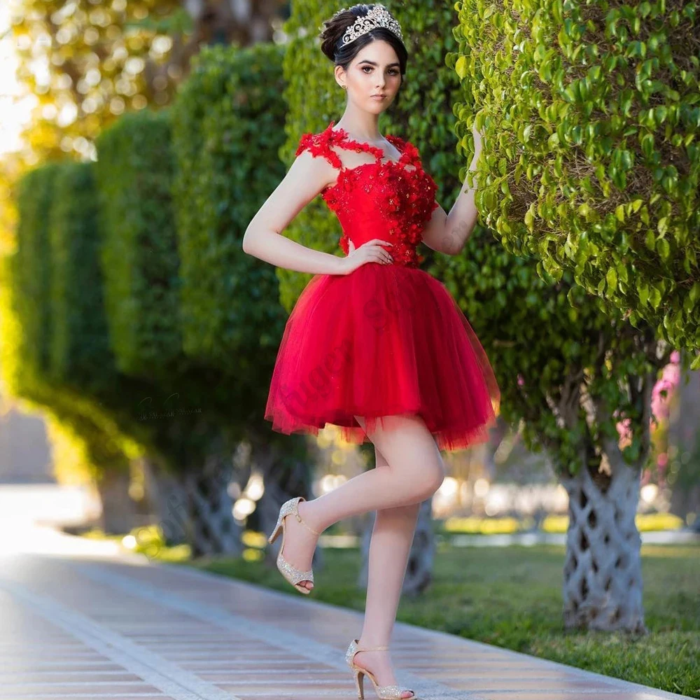 

Evening Dress 2022 Charming Above Knee Prom Gown Tulle Flowers Deading Mini Red AbendkleiderCap Sleeve Special Occasion