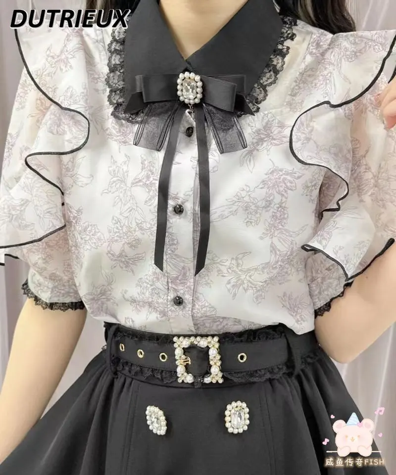 

Rojita Printed Flying Short Sleeve Organza Versatile Tops Sweet Girls Brooch Stitching Mine Mass-Produced Single-Breasted Shirt