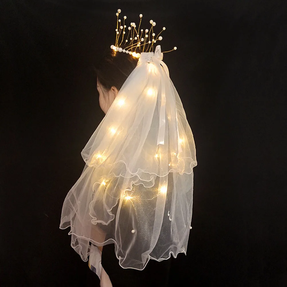 

Bachelorette Party Veil Pearl Crown Glow Light LED Bridal Shower Veil Bride to Be Gift Wedding Party Engagement Decor
