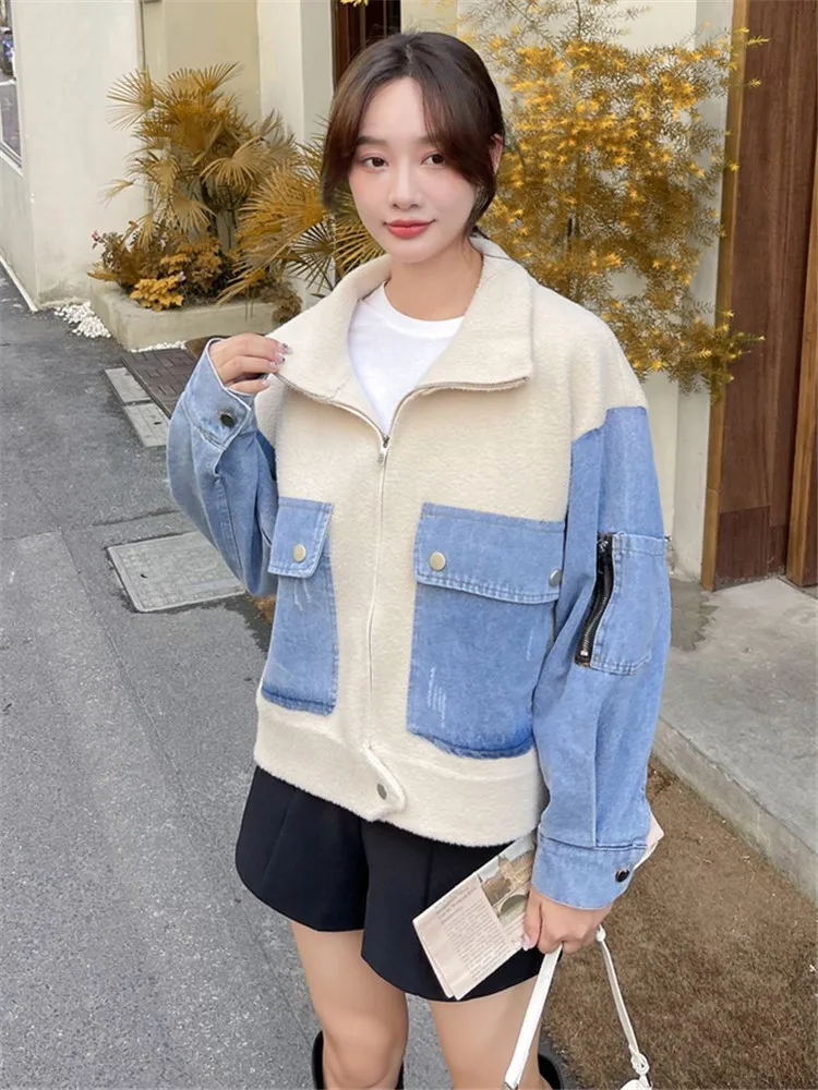 

Женская джинсовая куртка на молнии, повседневное Свободное пальто из овечьей шерсти на молнии, модель 2022 в Корейском стиле на зиму, 0935