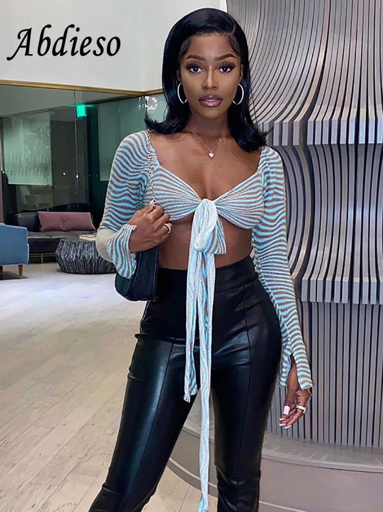 

Abdieso Stripe Print Bandage Sexy Crop Top Women Fashion 2022 Autumn V Neck Skinny Long Sleeve T Shirts Casual Streetwear Tees
